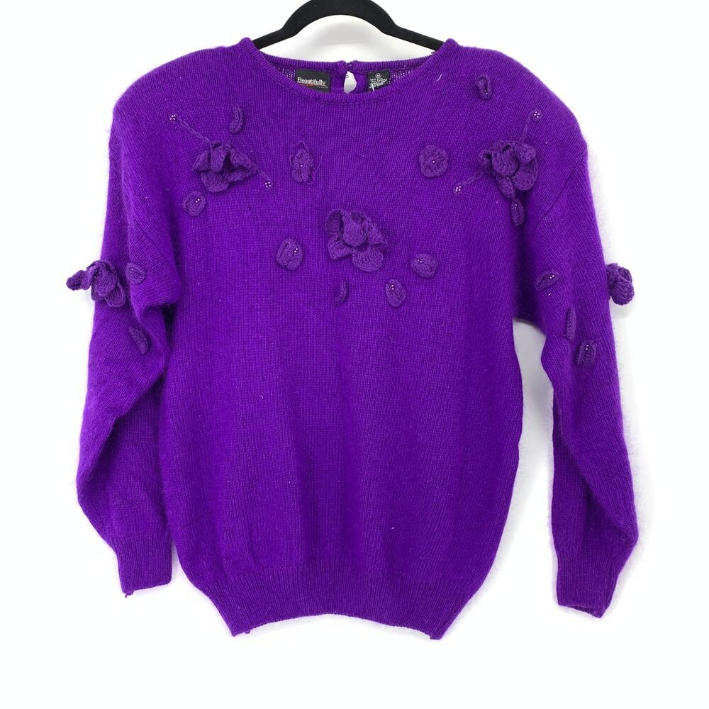 Vintage 80s Purple Silk Angora Pullover Sweater Floral Applique Womens Sz M